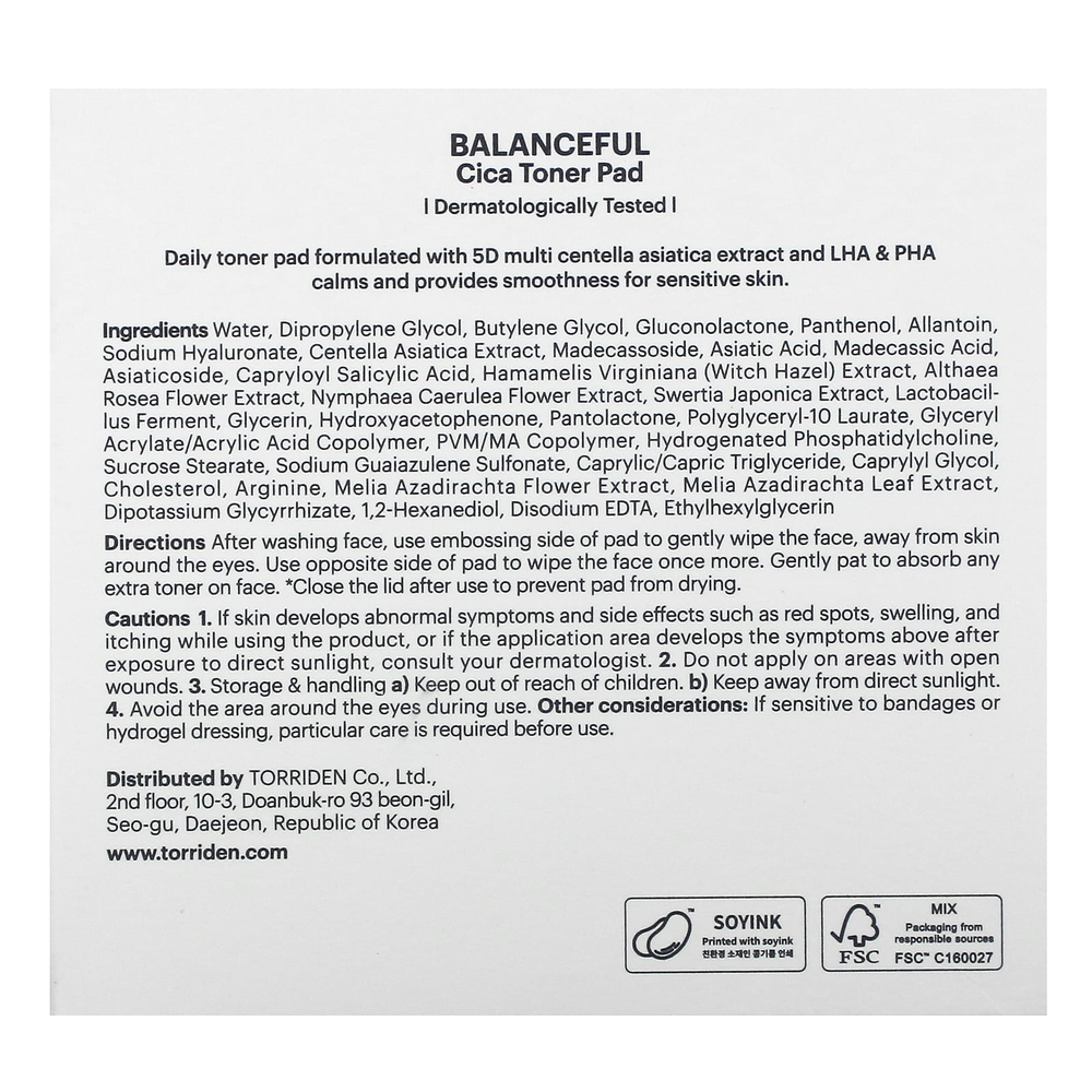 Torriden, Balanceful Cica Toner Pad, 60 листов, 180 мл (6,08 жидк. унц.)
