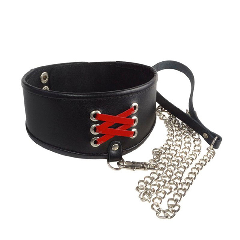 Широкий кожаный ошейник 39,5см с декоративной шнуровкой и поводком Sitabella BDSM Accessories 3165-1