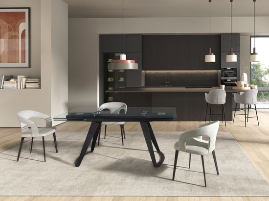 Прямоугольный раздвижной обеденный стол 1150 из стекла и черной стали Испания