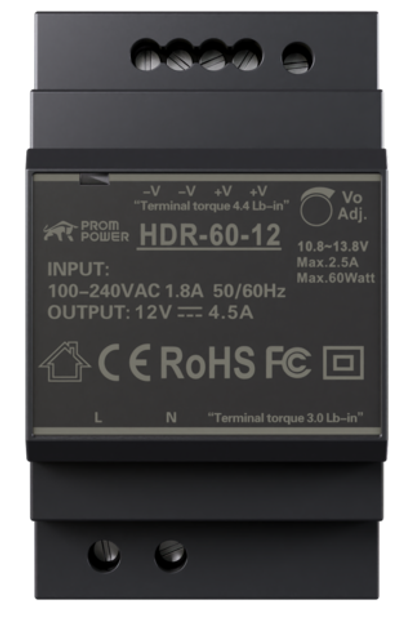 Источник питания PROMPOWER HDR-60-12, на вых. 12 В DC, 4.5А, 54Вт. Вх. 85-264В AC (120-370 В DC)