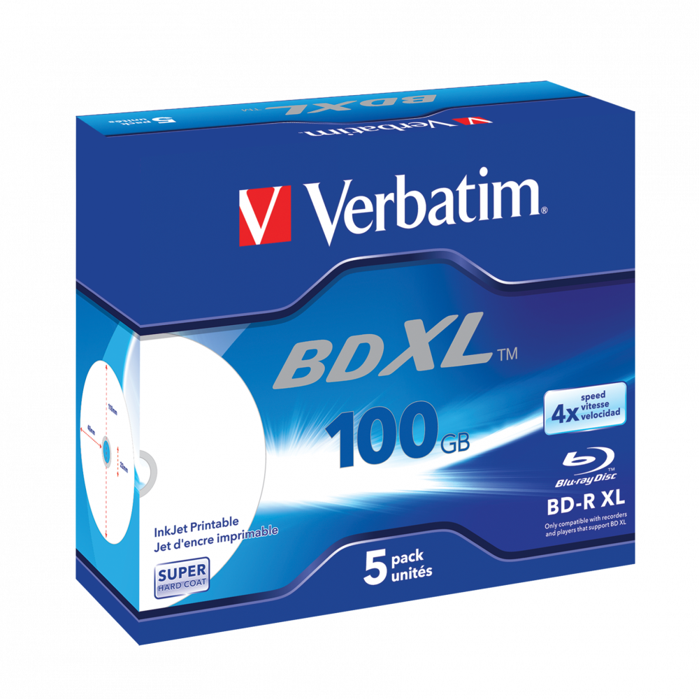 Оптический диск Verbatim BD-R XL 100GB 4X Super HardCoat Wide Inkjet Printable No ID, Jewel Case, 5
