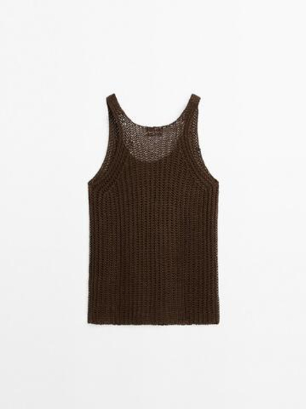 Massimo Dutti Трикотажный топ изо льна с круглым вырезом, шоколадный