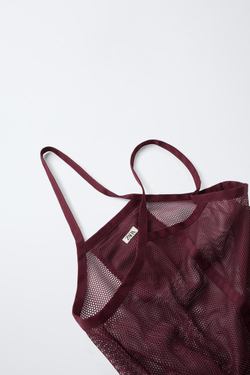 ZARA СЕТЧАТАЯ СУМКА-ШОПЕР, БОРДОВО-КРАСНЫЙ