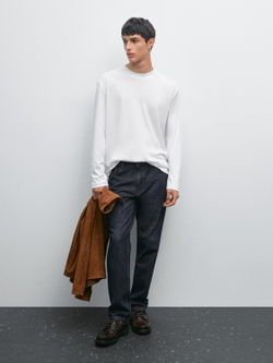 Massimo Dutti Футболка из хлопка среднего размера с длинными рукавами, белый