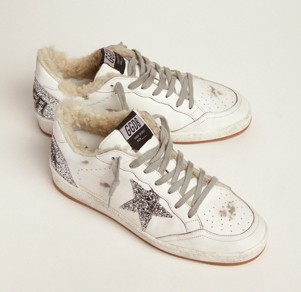 Кеды Golden Goose Ball Star sneakers in leather with glitter details and shearling lining
