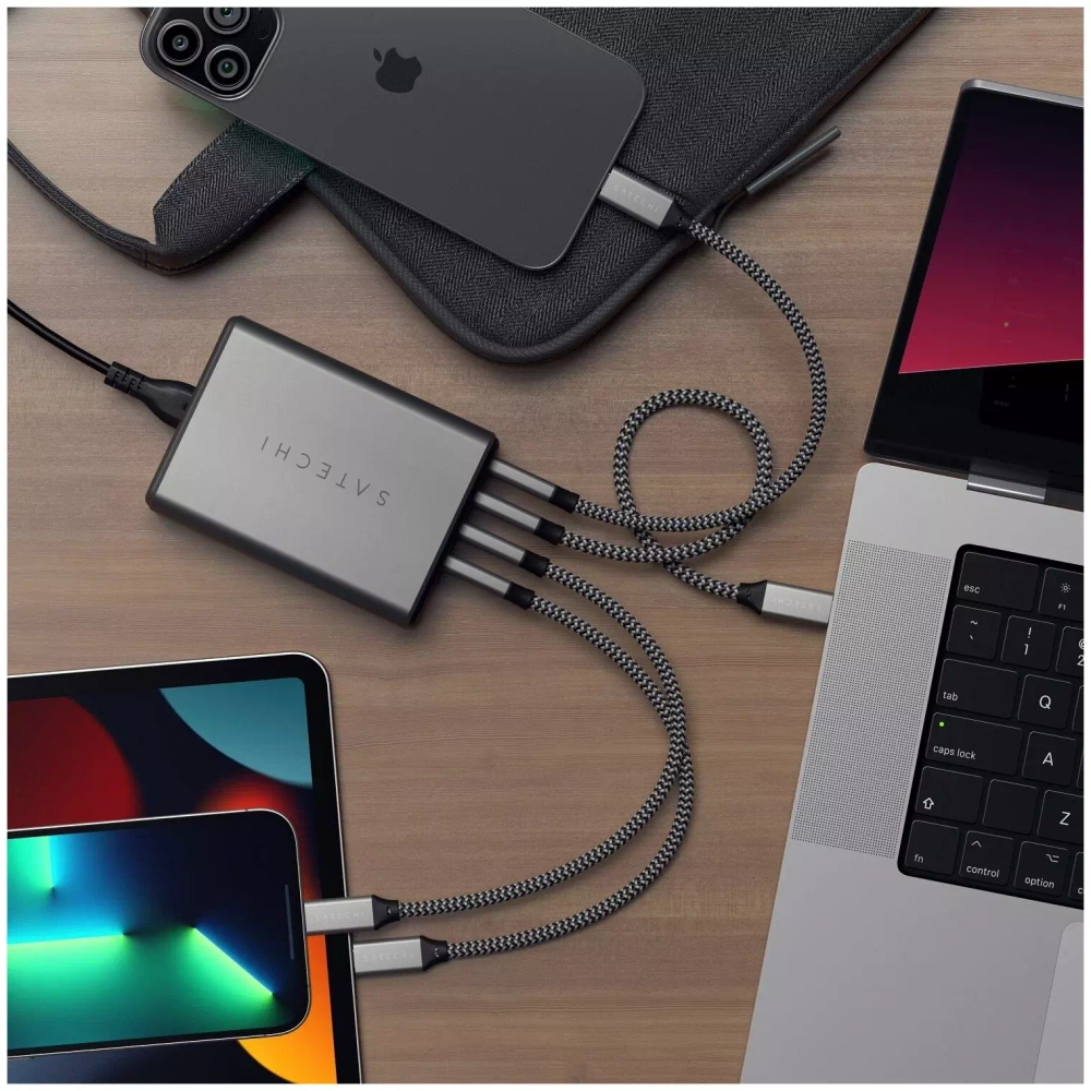 Сетевое зарядное устройство Satechi 4хUSB-C, PD, GaN, 165Вт, серый космос