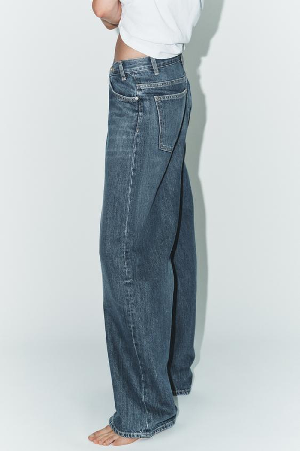 ZARA ДЖИНСЫ TRF WIDE LEG С ПЕРЕКРЕСТНЫМ ПОЯСОМ И ВЫСОКОЙ ПОСАДКОЙ, СЕРО-СИНИЙ