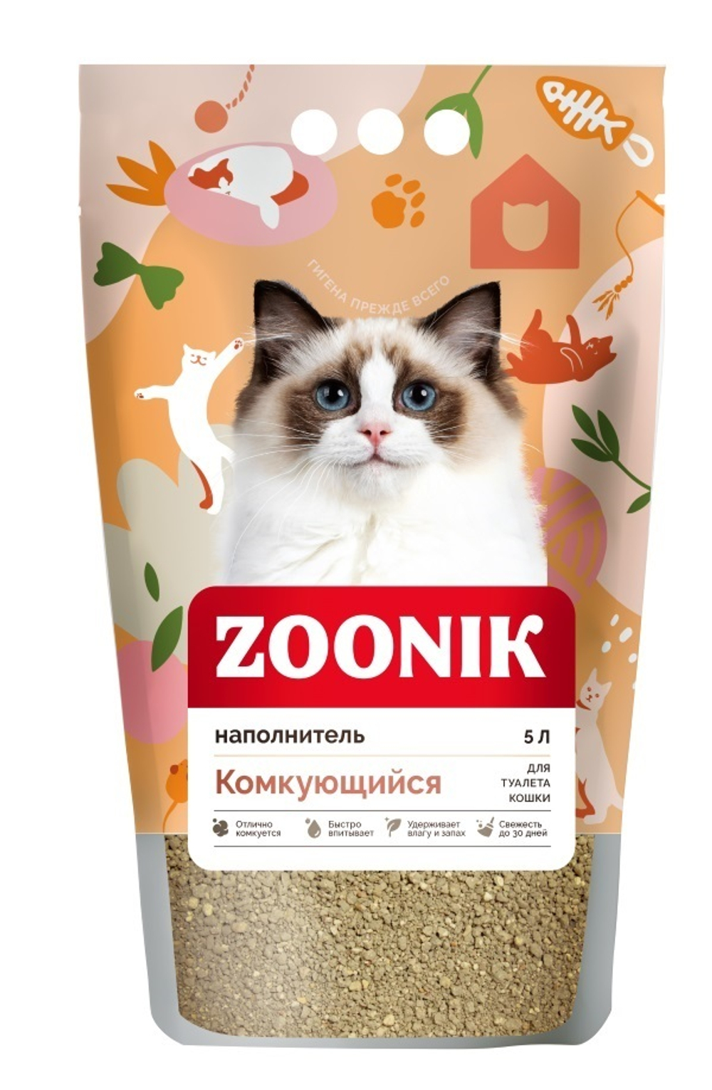 Комкующийся бентонитовый наполнитель Зооник для кошачьих туалетов 5 л
