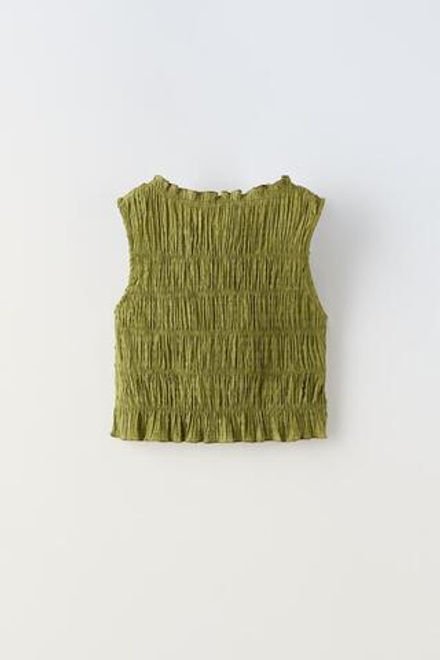 ZARA ТОП С ВЫШИВКОЙ ПЛЮМЕТИ И ЭЛАСТИЧНЫМИ ДЕТАЛЯМИ, МЯГКИЙ ЗЕЛЕНЫЙ