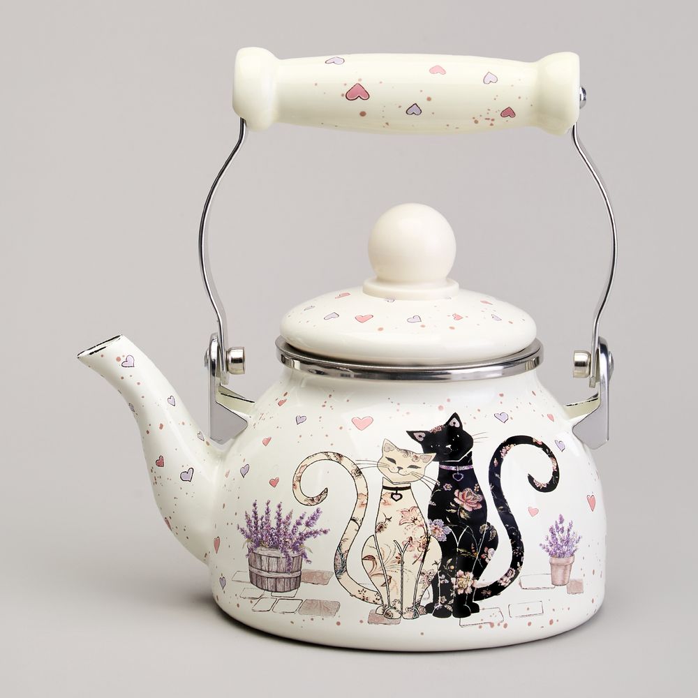ЧАЙНИК AGNESS ЭМАЛИРОВАННЫЙ СО СЪЕМНЫМ ФИЛЬТРОМ ИЗ НЖС СЕРИЯ "LAVENDER CATS", 0,85 Л