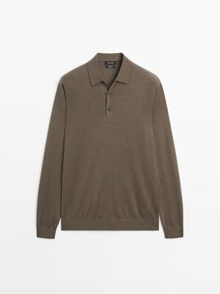 Massimo Dutti Трикотажное свитер поло из 100% мериносовой шерсти, хаки
