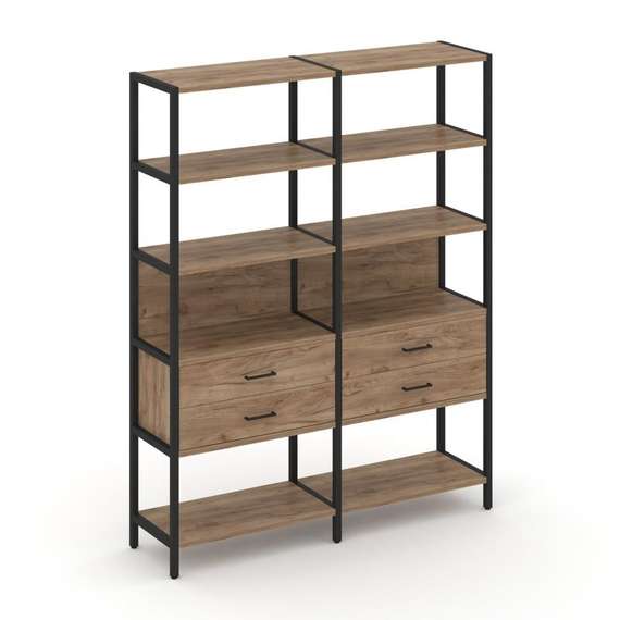 Shelf System Двухсекционный стеллаж пятиярусный с ящиками SN.STM-522 Дуб Табак/Металл Черный 1590*40