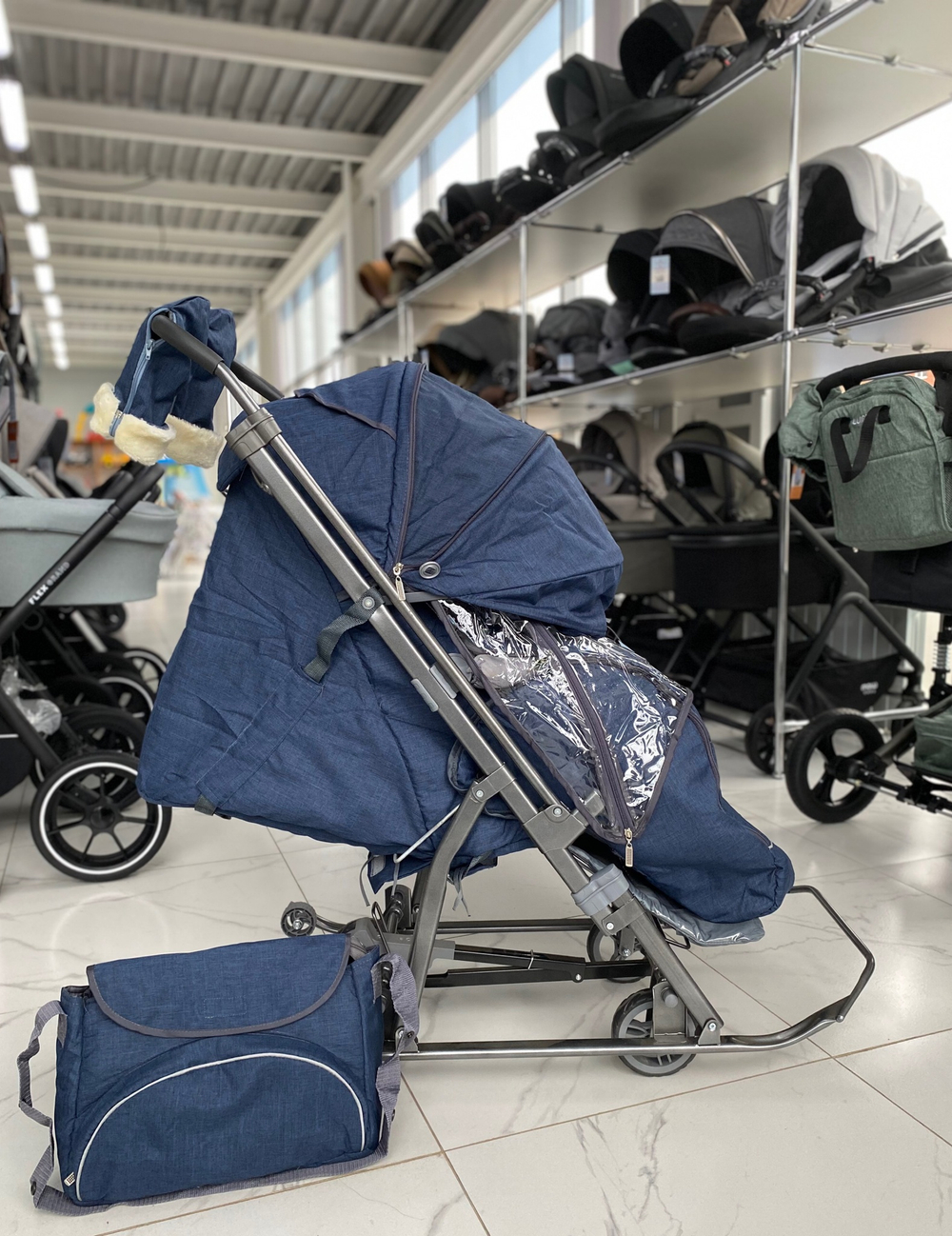 Санки - коляска Galaxy kids 3-3С синий джинс арт. GK-3-3ССИД