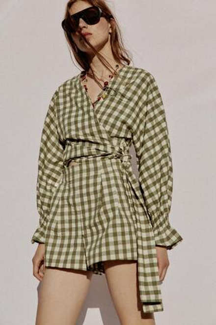 ZARA ШОРТЫ В КЛЕТКУ ВИШИ, МЯГКИЙ ЗЕЛЕНЫЙ