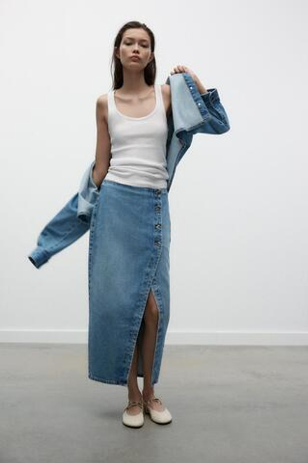 ZARA ДЖИНСОВАЯ ЮБКА МИДИ Z1975 НА ЗАПÁХЕ, ВЫЦВЕТШИЙ СИНИЙ