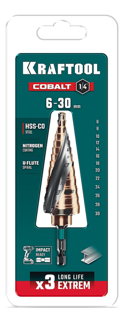 KRAFTOOL COBALT 6-30мм, 13 ступеней, азотирование, винтовая спираль, сверло ступенчатое(29691-6-30-13)