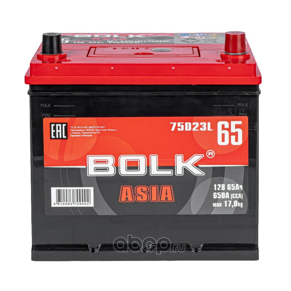 Аккумулятор BOLK ASIA 65 А/ч обратная R+ 232x175x225 CCA 650A 75D23L РОССИЯ