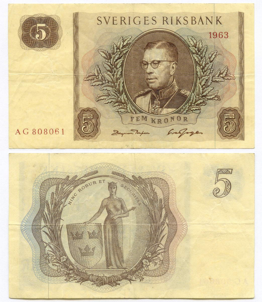 Банкнота Швеция 5 крон 1963 год AG 808061. VF