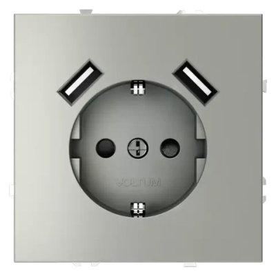 Розетка встраиваемая VOLTUM S70 с заземлением и защитными шторками, 16А, с USB, A+A, (сталь)