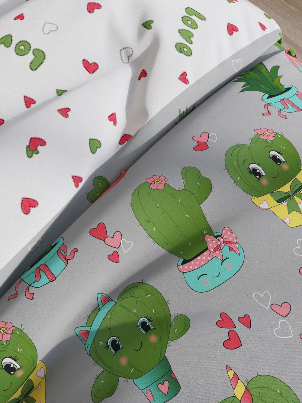 Постельное белье поплин Сказка "Кактусики/Кактусики (компаньон)" 1,5-сп Наволочка 50х70 см 1 шт Простынь на резинке 90x200 смПододеяльник 145x215 см