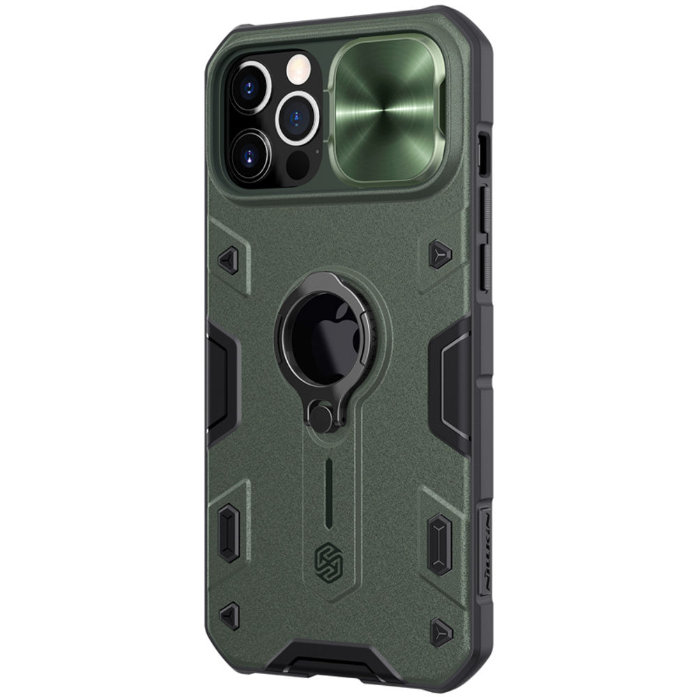 Зеленый чехол для iPhone 12 Pro Max от Nillkin серии CamShield Armor Case (отверстие под лого) с кольцом и защитной шторкой