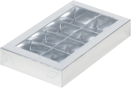 Коробка для 8 конфет с ПВС крышкой (цвет серебро)