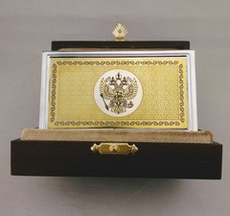 Стильная металлическая визитница "Герб РФ" №03 с цирконием в подарочном футляре