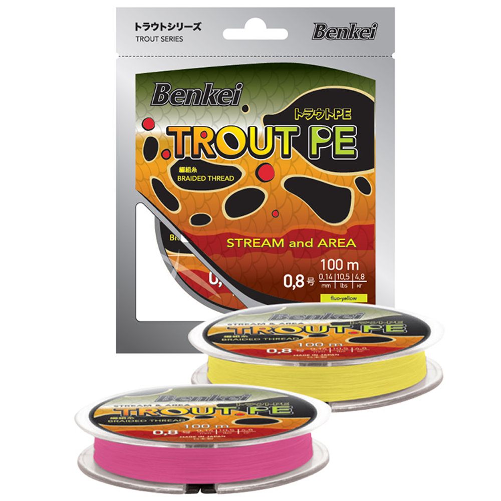 Шнур Benkei Trout PE 100m, желтый fluo #0,2 (0,074mm), 2kg