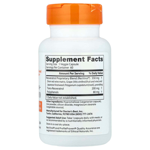 Doctor's Best, транс-ресвератрол 200 с Resvinol, 200 мг, 60 вегетарианских капсул