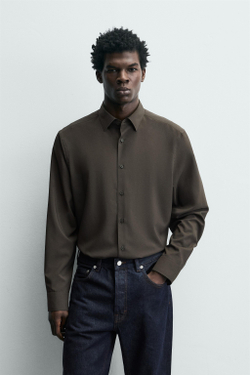 ZARA РУБАШКА ИЗ ЭЛАСТИЧНОЙ ТКАНИ, СЕРОВАТО-КОРИЧНЕВЫЙ