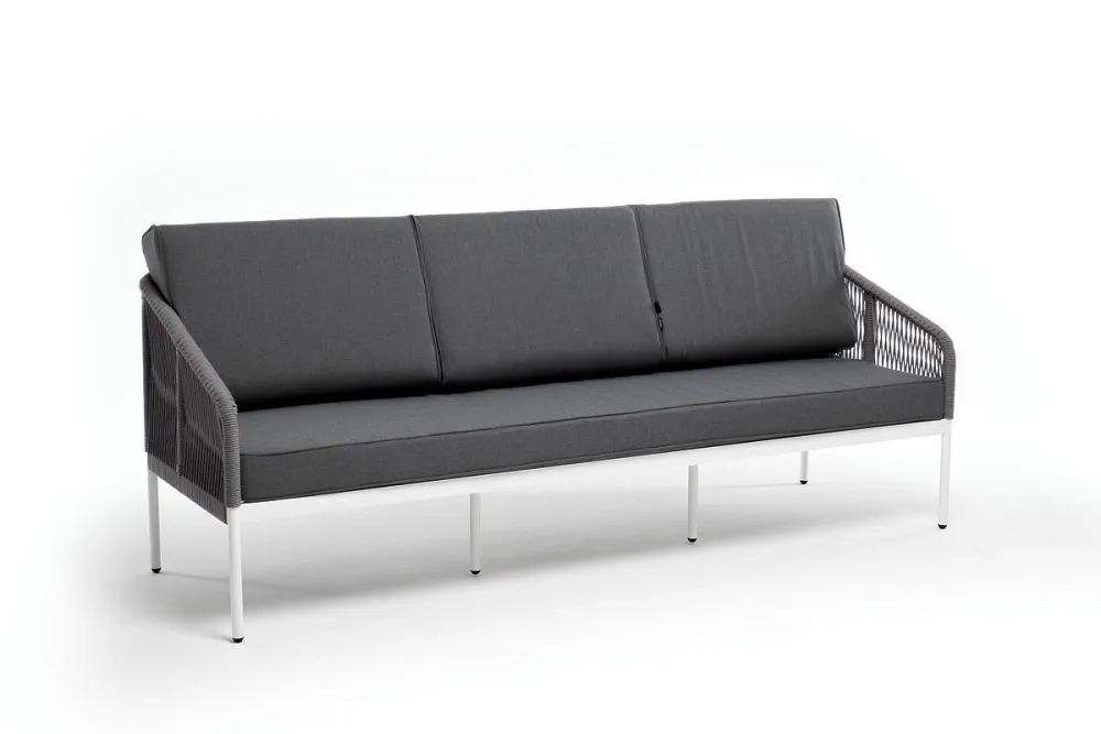 "Канны" диван 3-местный плетеный из роупа, каркас алюминий белый муар, роуп светло-серый круглый, ткань серая 017