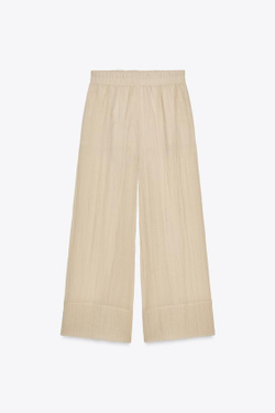 ZARA ШИРОКИЕ БРЮКИ ИЗ ПОЛУПРОЗРАЧНОЙ ЖАТОЙ ТКАНИ, СВЕТЛО-БЕЖЕВЫЙ
