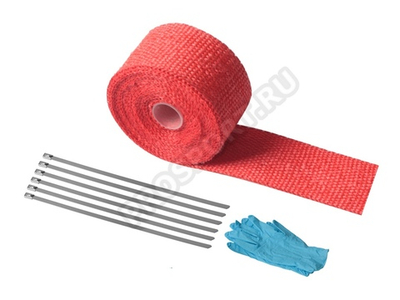 Термолента для глушителя красная 1mm*50mm*5m,с 6 хомутами и перчатками, стекловолокно