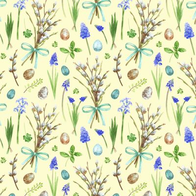 пасхальный принт с букетиками вербы на светло-желтом