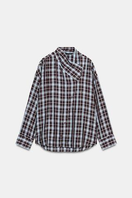 ZARA РУБАШКА В КЛЕТКУ С ЗАПАХОМ, КОРИЧНЕВО-СИНИЙ