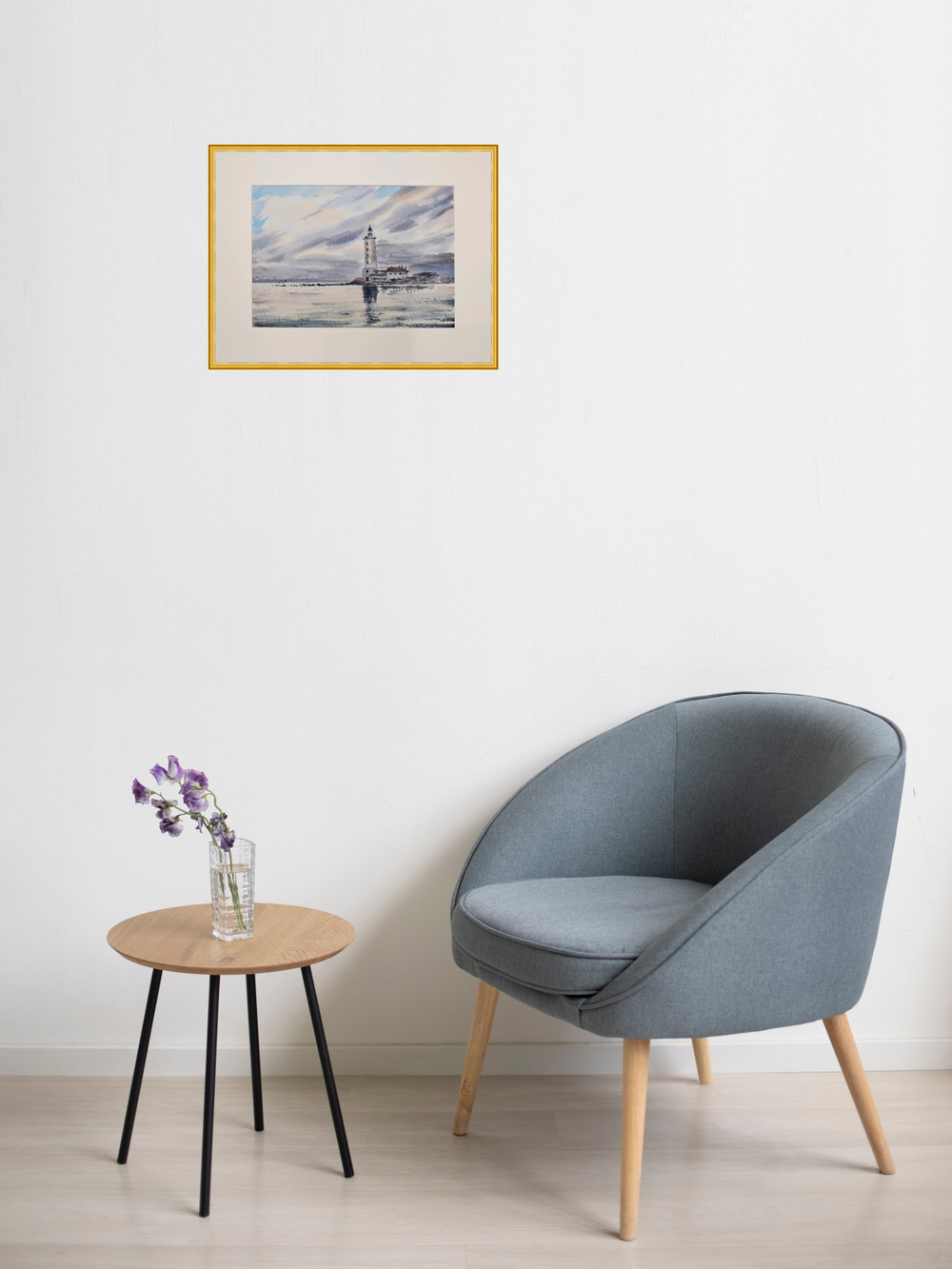 Картина авторская акварельная в паспарту 30х40 см на стену для интерьера "Кронштадт. Маяк Толбухин"