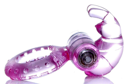 Розовое эрекционное виброкольцо с клиторальным зайчиком