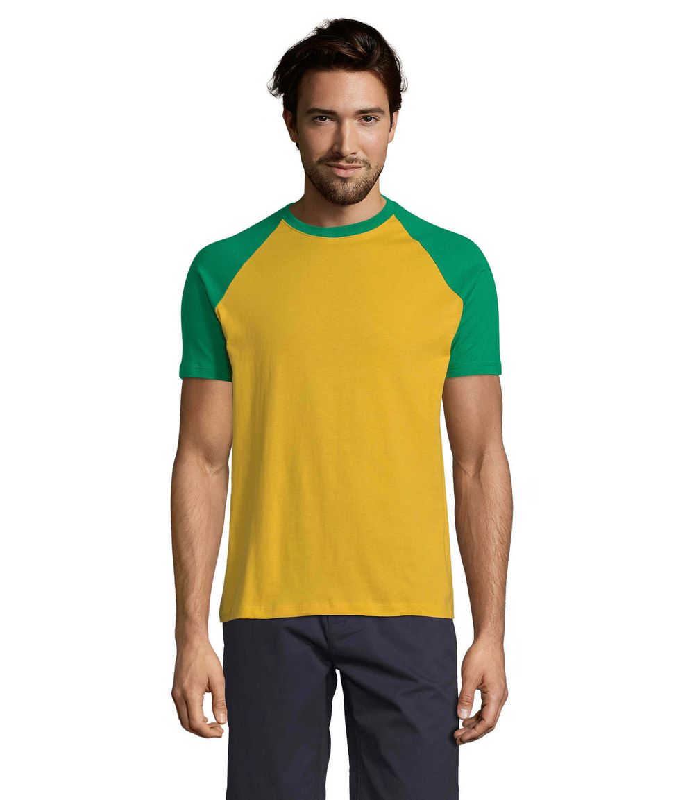 Футболка двухцветная FUNKY. C рукавами реглан. 100% хлопок Жёлтый/Зелёный  L
