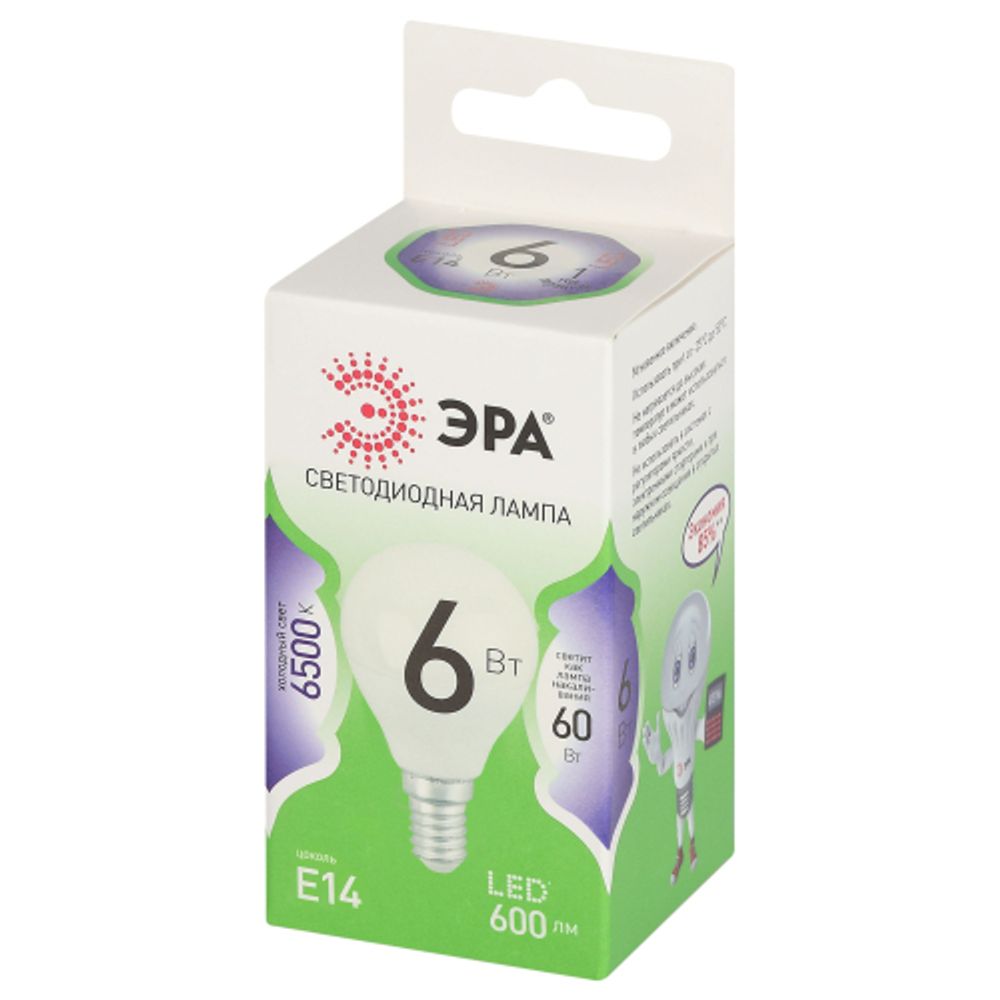 Лампочка светодиодная ЭРА GREEN LINE LED P45-6W-865-E14 GL E14 6 Вт шар холодный свет | Лампы cветодиодные