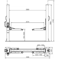 Подъемник электрогидравлический 5т 100-1820мм 2-х стоечный 380В ниж.синхрон.(электр. спуск) GTE