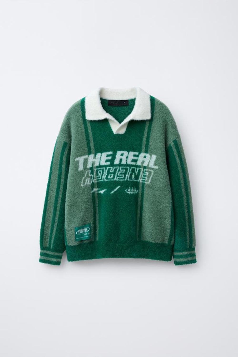 ZARA СВИТЕР ПОЛО ИЗ ВОРСИСТОГО ТРИКОТАЖА С ТЕКСТОМ, ЗЕЛЕНЫЙ/ЭКРЮ