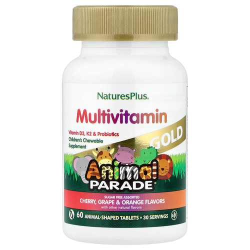 NaturesPlus, Animal Parade® Gold, жевательные мультивитамины для детей, со вкусом вишни, винограда и апельсина, 60 таблеток в форме животных