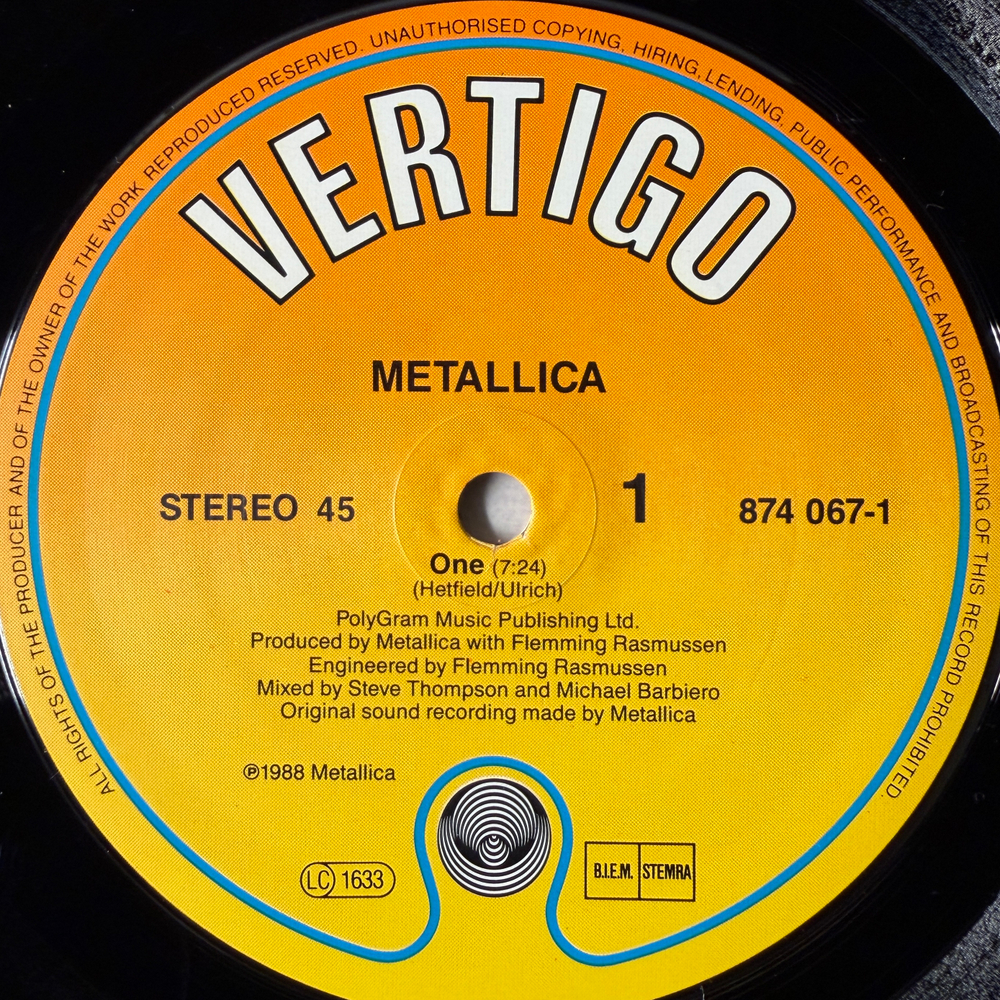 Metallica ‎– One (Европа 1989г.) 12", 45 RPM Т