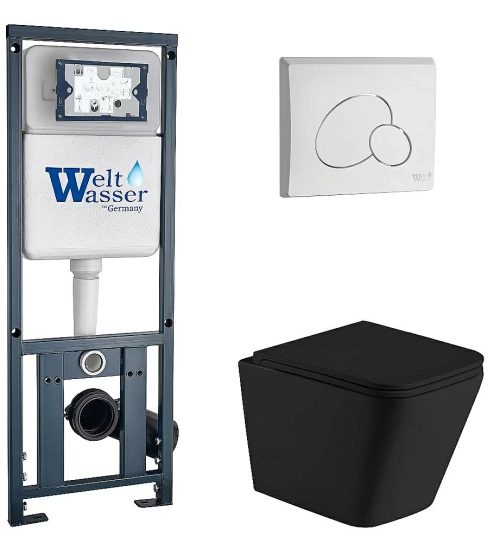 Унитаз подвесной WeltWasser MARBERG 410 + GELBACH 043 MT-BL + MAR 410 RD GL-WT черный матовый, безободковый, с крышкой микролифт, слив-торнадо, с инсталляцией и белой глянцевой кнопкой