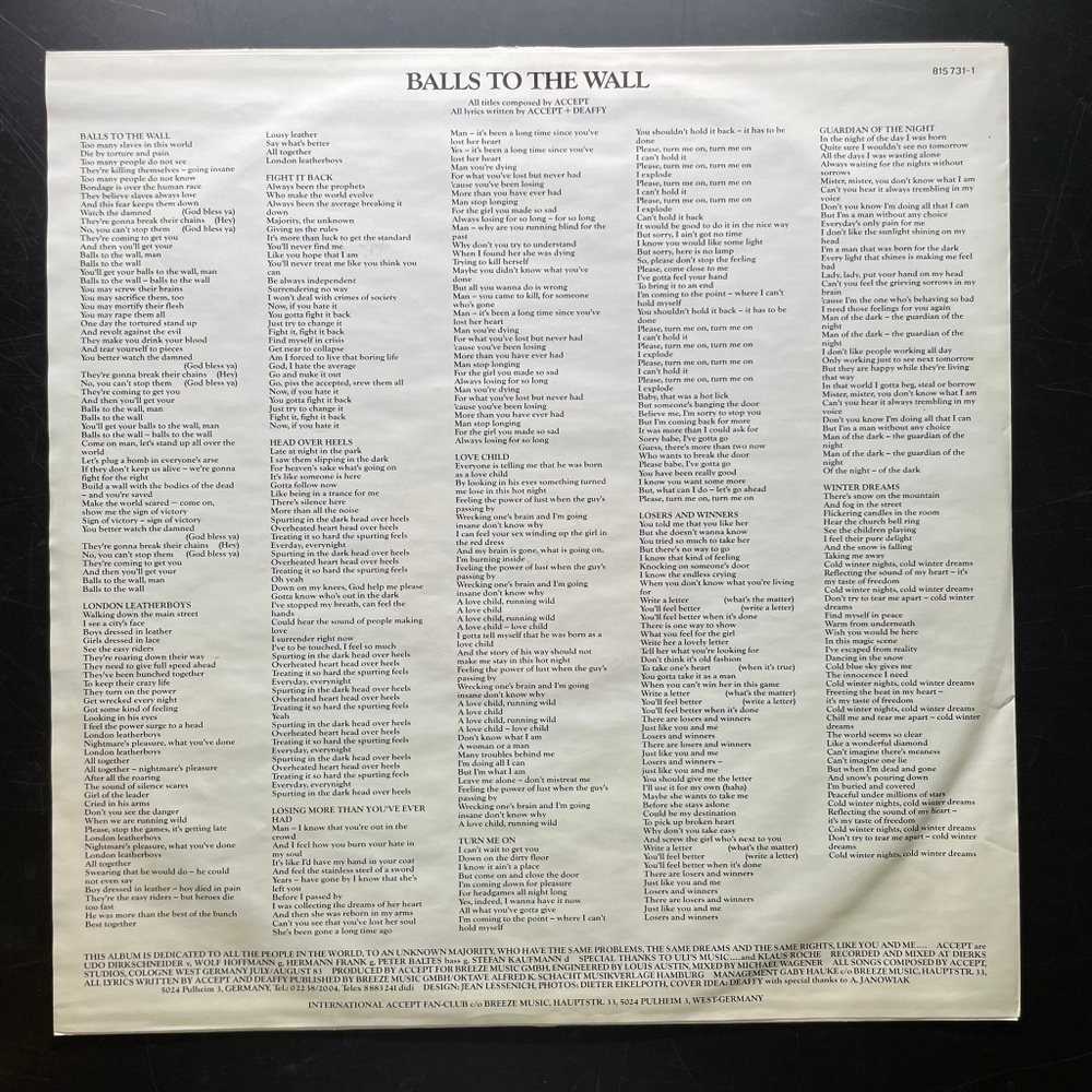 Accept ‎– Balls To The Wall (Голландия 1983г.)