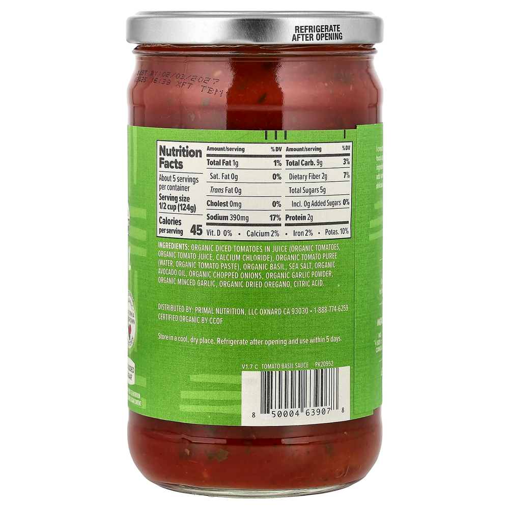 Primal Kitchen, соус для пасты, органические томаты и базилик, 680 г (24 унции)