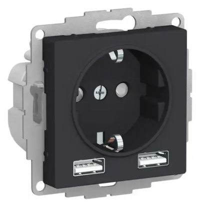 ATLASDESIGN РОЗЕТКА 16А c 2 USB A+A, 5В/2,4А, 2х5В/1,2А, механизм, КАРБОН