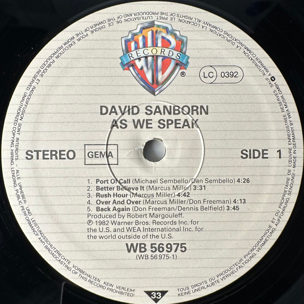 David Sanborn ‎– As We Speak (Европа 1982г.)