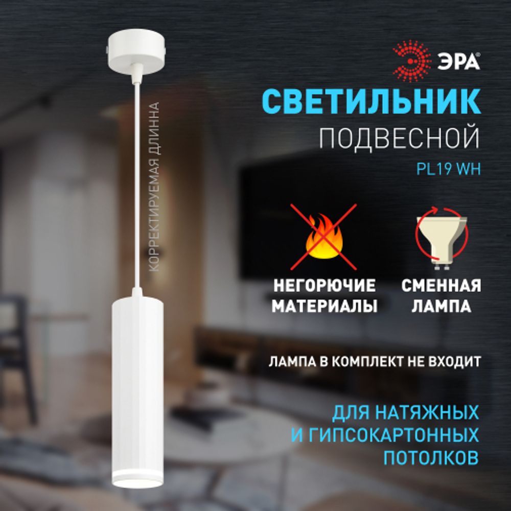 Светильник подвесной (подвес) ЭРА PL19 WH MR16 GU10 потолочный цилиндр белый