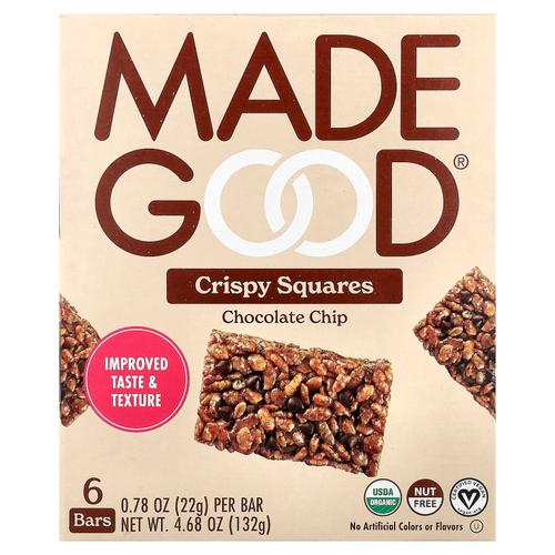 MadeGood, Crispy Squares, шоколадная крошка, 6 батончиков по 22 г (0,78 унции)